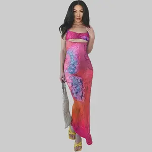 Sexy Mesh Print Sheer Sleeveless Dress Women's 2025 Summer Vacation Holiday New V Neck Bodycon Slim Casual Elegant Dress for Party Club Maxi Dresses