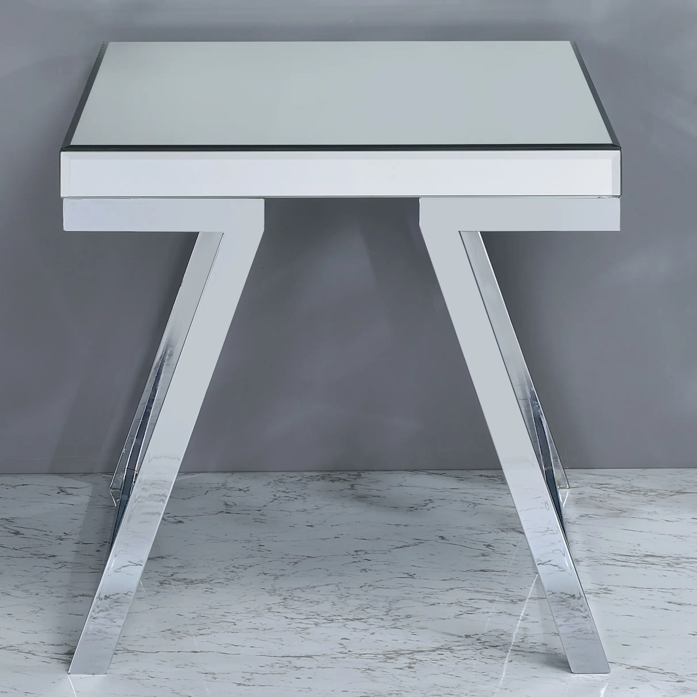 SALE - Alfresco Mirrored Top End Table with Canted Chrome Legs for Modern Home Decor 22.5"W x 22.75"D x 22.5"H Beveled Mirrored Surfaces & Chrome-Plated Iron Legs