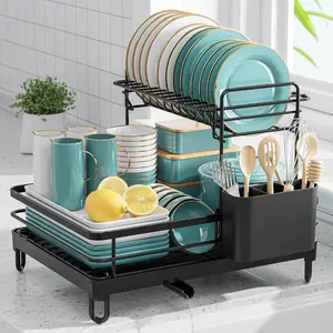 Sakugi Dish Drying Rack - X-Large Stainless Steel 2-Tier Organizer for Kitchen Counter, Rustproof Design, Quick Assembly, Auto Drainage, Black