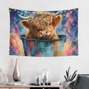 Highland Cow Wall Tapestry, Moon and Stars Cow Wall Hanging Decor, Western Farmhouse Tapestry for Bedroom Dorm Room Living Room