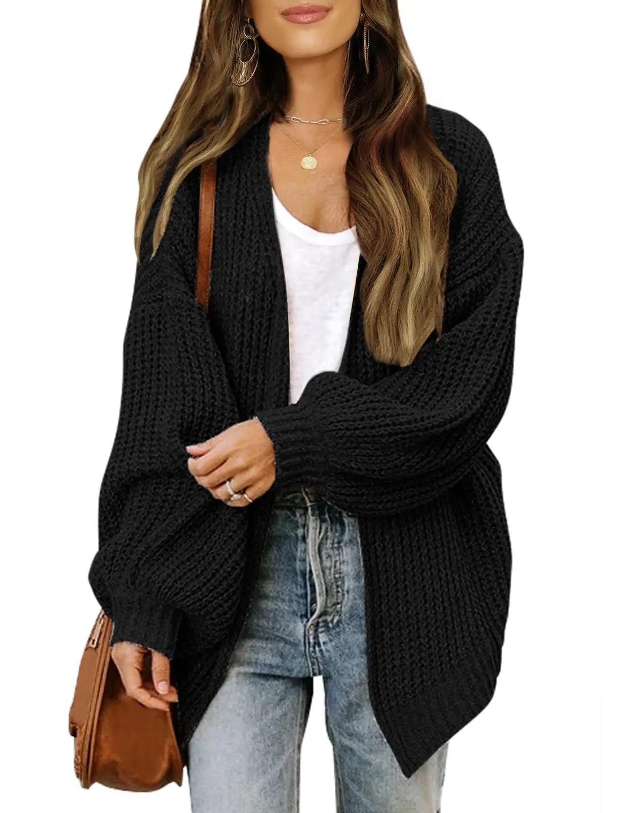 FEITAI Women's Chunky Cardigan Sweaters  Lantern Long Sleeve Oversized Knit Outerwear with Pockets