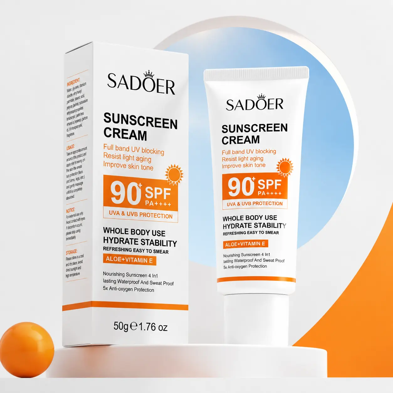 SADOER SPF90 PA+++ Sunscreen Cream, UVA UVB Broad Spectrum Sun Protection, Hydrating Smooth Waterproof Sweatproof Sunblock, Moisturizing Face & Body Sunscreen for Daily Commute Beach Outdoor Sports