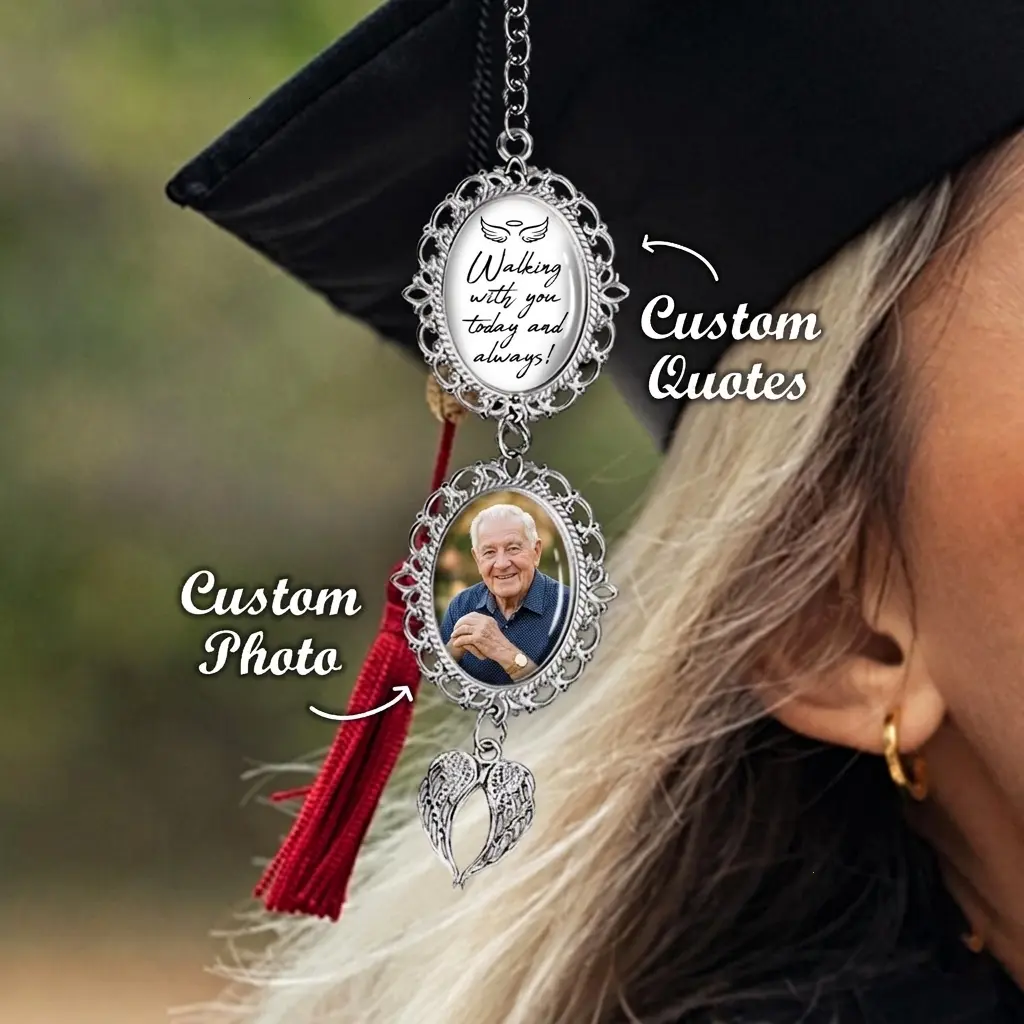 Custom Graduation Cap Tassel Photo Charm, Walking With You Today & Always Memorial Charm with Angel Wings, Hat Topper Tassel, Graduation Gifts