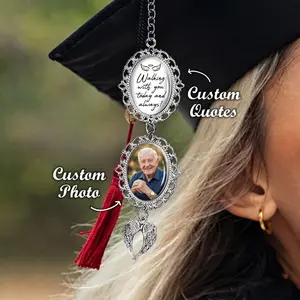Custom Graduation Cap Tassel Photo Charm, Walking With You Today & Always Memorial Charm with Angel Wings, Hat Topper Tassel, Graduation Gifts
