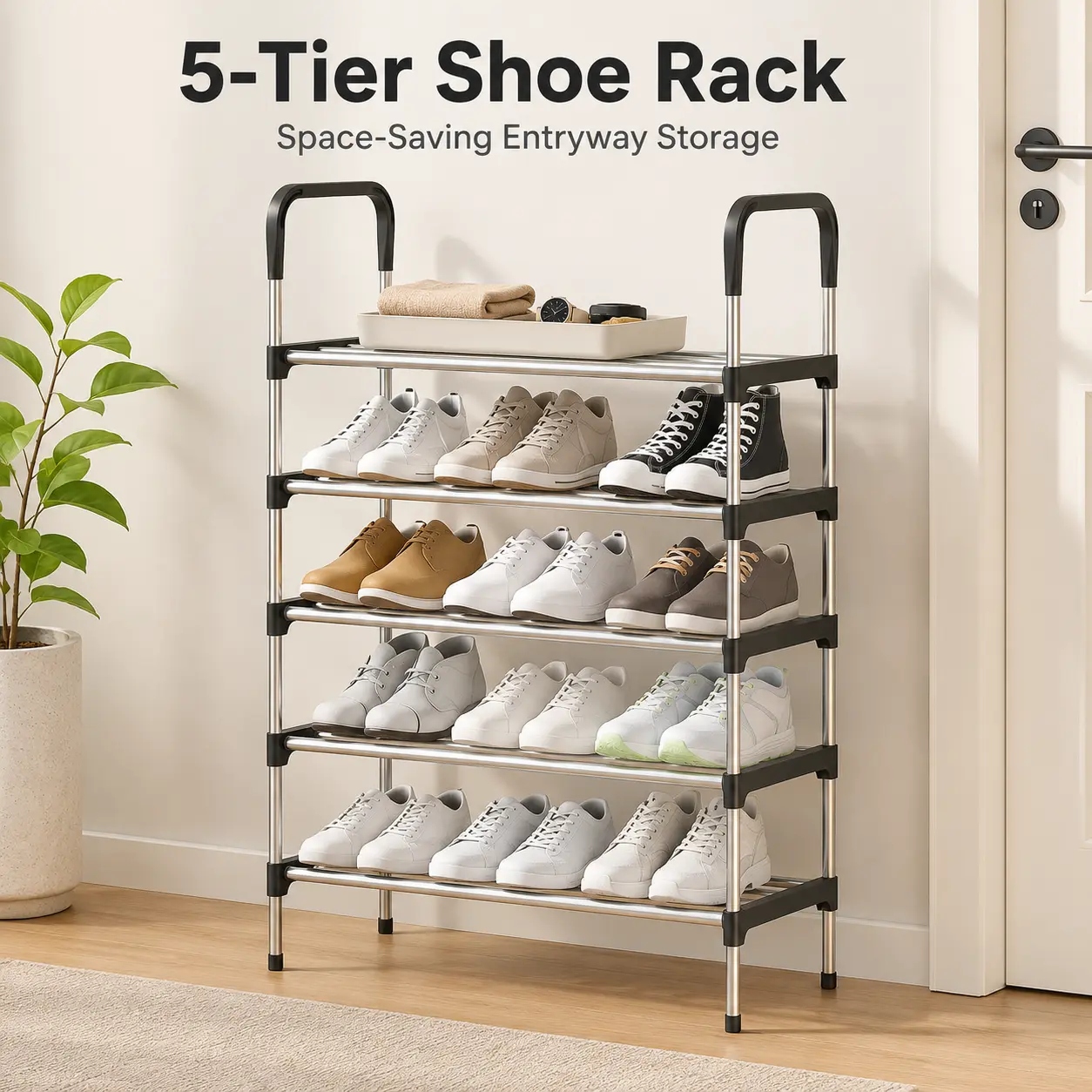 5-Tier Shoe Rack Organizer, Black Carbon Steel Shoe Storage Shelf with Handles, Space Saving Shoe Rack for Entryway, Bedroom, Closet & Dorm Room,  shoe storage system