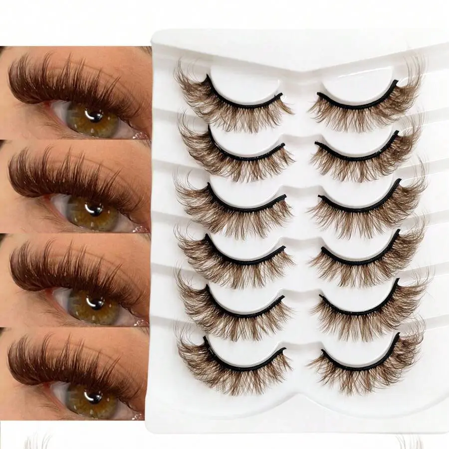 6 pairs of natural brown fake eyelashes, Fluffy false eyelashes, fashionable 3D Japanese cosplay, faux mink fur, dramatic anime eyelashes, High Quality Eyelashes, Artificial Lashes