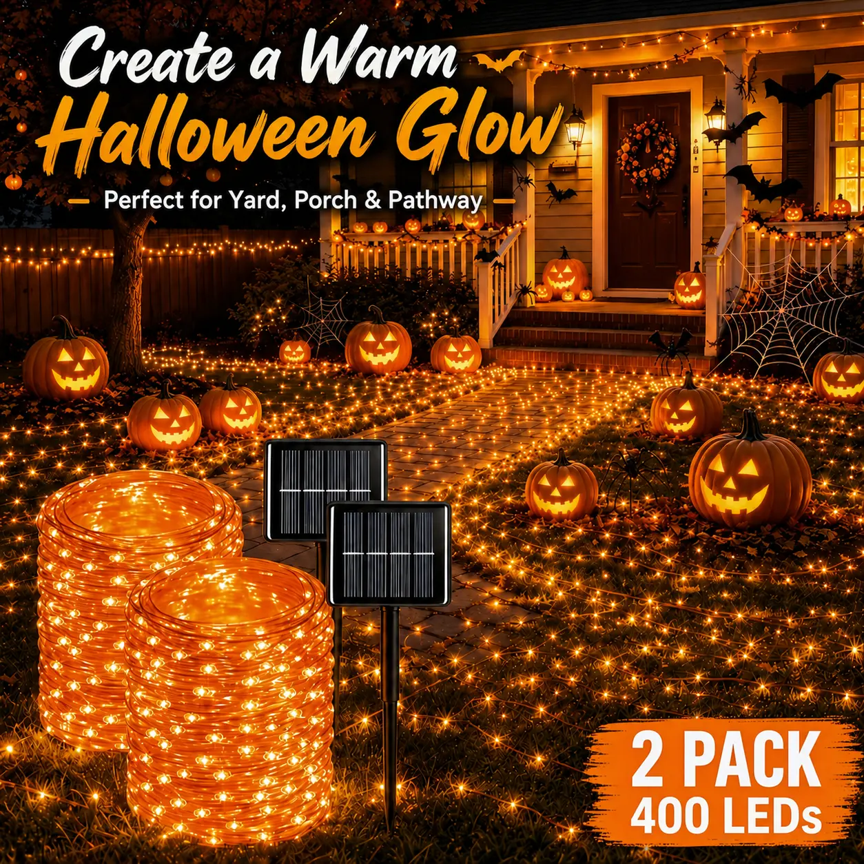Halloween Outdoor Decorative String Lights—Solar-Powered Copper Wire Twinkling Lights—2-Piece Set—400 LED Bulbs—8 Modes—Waterproof—Perfect for gardens, lawns, fences, patios, and camping to create a Halloween atmosphere