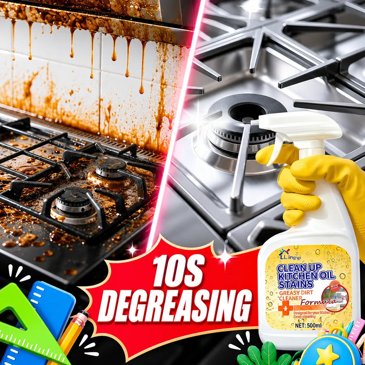 LIAPU Kitchen Degreaser Spray 500ml, Lemon Scent Grease Remover for Stovetops, Countertops & Kitchen Surfaces, Fast-Acting Multi-Surface Cleaner All Purpose kitchen cleaners wash spray