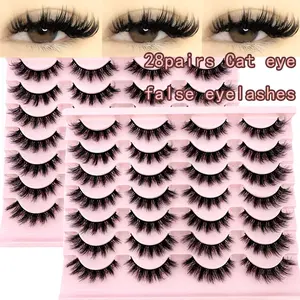 New 28pairs Faux Mink 8D Volume Cat-Eye False Lashes Russian 5D Fluffy Strip Lashes Fluffy Eyelashes Thick Soft Curly Fake Lashes Makeup 16mm Short Mink Eyelashes