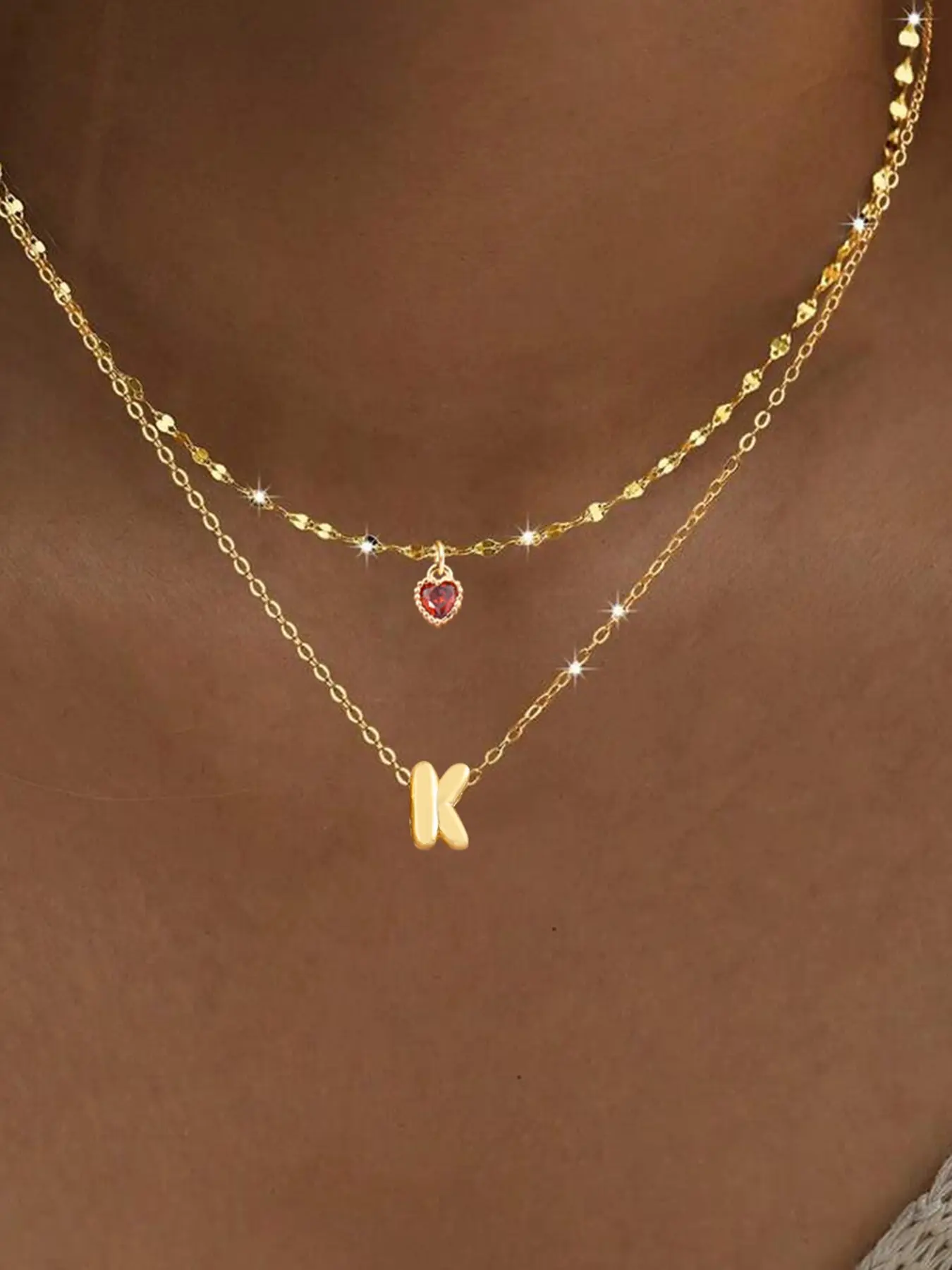 Women's Crystal Heart Bubble Initial Pendant Necklace Set, Trendy Charms Heart Shaped Alphabet Pendant Stainless Steel Layered Chain Design, Elegant Fashion Jewelry Gift for Her