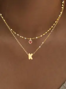 Women's Crystal Heart Bubble Initial Pendant Necklace Set, Stainless Steel Layered Chain Design, Elegant Fashion Jewelry Gift for Her