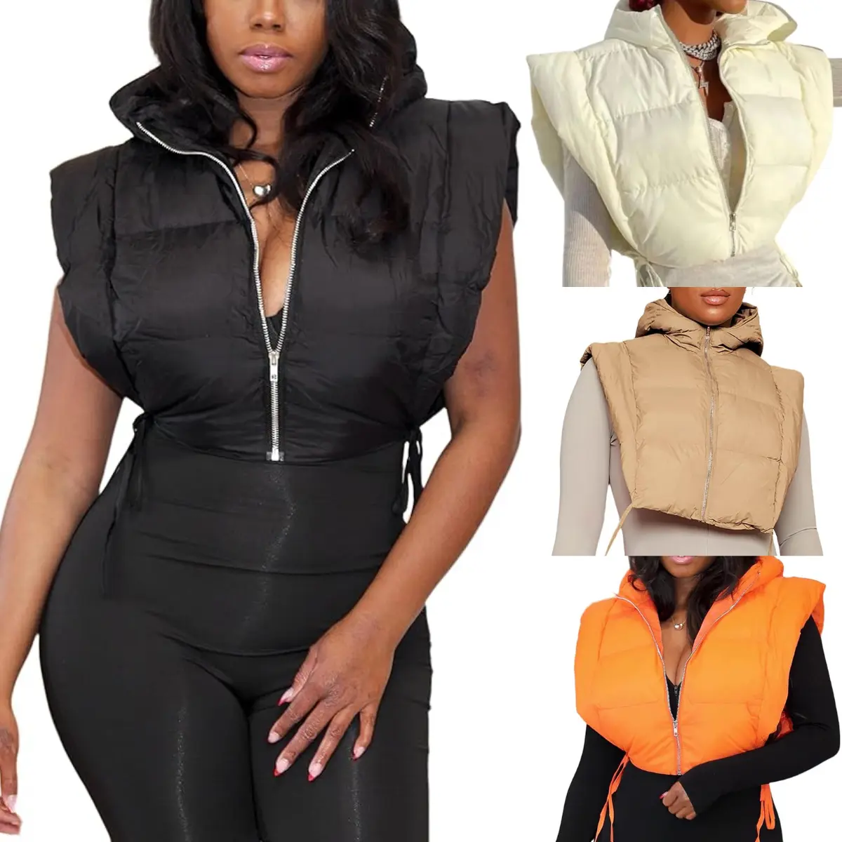Kingapril Women's Fitted Winter Collared Hooded Zip-Up Sleeveless Insulated Cropped Puffer Vest, Stylish Top for Insulated & Winter Vests, Tops, Insulated Women's Vests