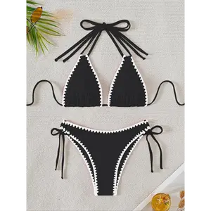Women's Contrast Chevron Tie Back Bikini Set, Halter Triangle Swim Top & Tie Side Swim Bottom, Beach Outfits, Fashion Ladies Bathing Suit for Summer Beach Vacation, Bikini Sets