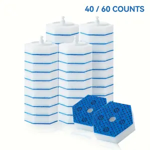 40/60 Count Blue & White Striped Disposable Toilet Brush Sponges - Compatible with Various Toilet Brushes, Coconut Oil-Based, Odor-Free, Easy-Clean Design for Bathroom Hygiene, Toilet Cleaning Accessories, Toilet Bowl Cleaners