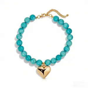 Luck and Love Turquoise Necklace for Women 18k Gold Plated Heart Charm 15 Inches with 3 Inch Extender Marine Life Pendant
