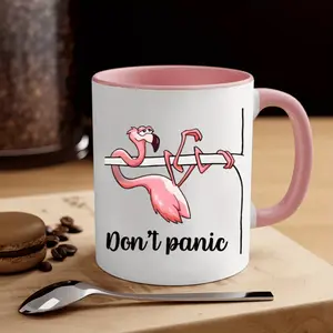 1pc, "Don't panic" Pink Flamingo Ceramic Mug Cup - 11oz 3A Personalized Flamingo Pattern Coffee Mug, Tea Cups, Holiday Anniversary Gifts For Family, Friends, Lovers, Boyfriends, Girlfriends, Daughters, Sons, For Home Kitchen Or Office Use