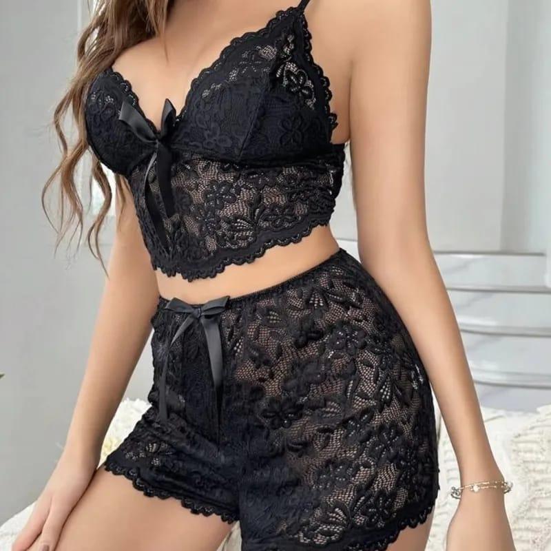 Silky Lace Trim Satin Pajamas Set - Soft Luxurious Nightwear for Women in Red Purple Green Black Pyjamas Womenswear pack 2 Sleeveless