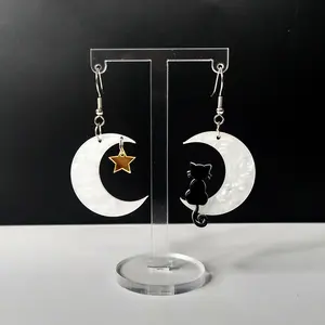 #211 Small White Moons with Black Cat & Golden Star Earrings, Casual, Acrylic