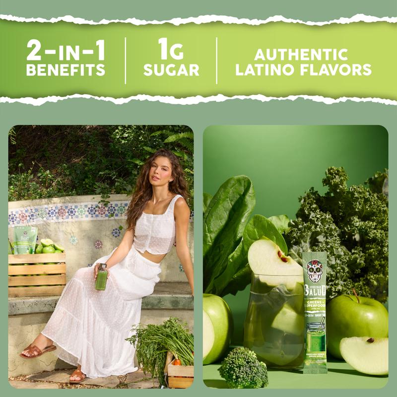 Salud 2-in-1 Greens Powder + Superfood Drink Mix Packets, 20+ Fruits and Veggies, Probiotics, Prebiotics, Supports Digestive Health, Bloating Relief, Vegan, Green Apple (15 Servings)