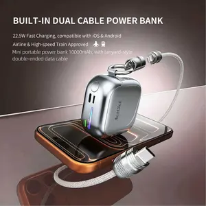ACTCICL 10000mAh Ultra-Compact Mini Power Bankm, 22.5W Fast Charging, Lanyard-style USB-C/L Cable, Colorful LED Battery Indicator. Ideal for Outdoor Travel; Compatible with All iPhone Models and Google Android Phones.