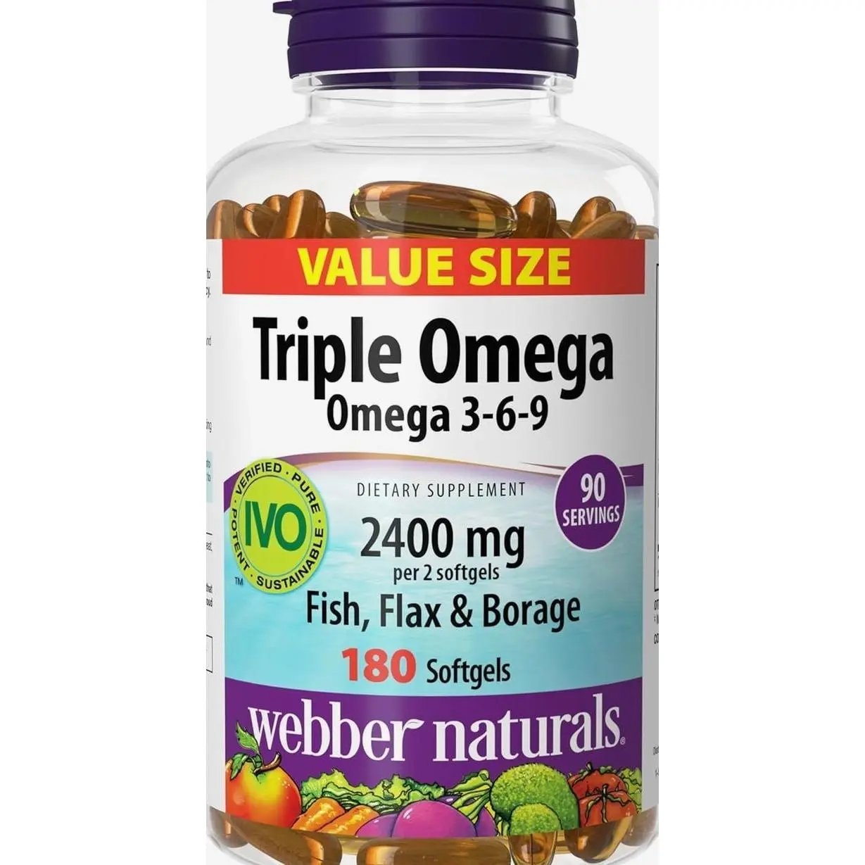 Webber Naturals Triple Omega 3-6-9, 2400 mg Fish Oil Per Serving, High Potency, 180 Softgels, No Fishy Aftertaste, Ultra-Purified, for Heart, Brain and Cardiovascular Health, Shellfish-Free