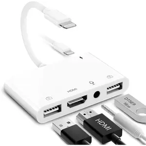 Lightning to HDMI Adapter for /iPad to TV, Dual USB OTG Adapter with Microphone Input for Live-Streaming, MIDI Keyboard, , HD TV/Projector/ Compatible (White)