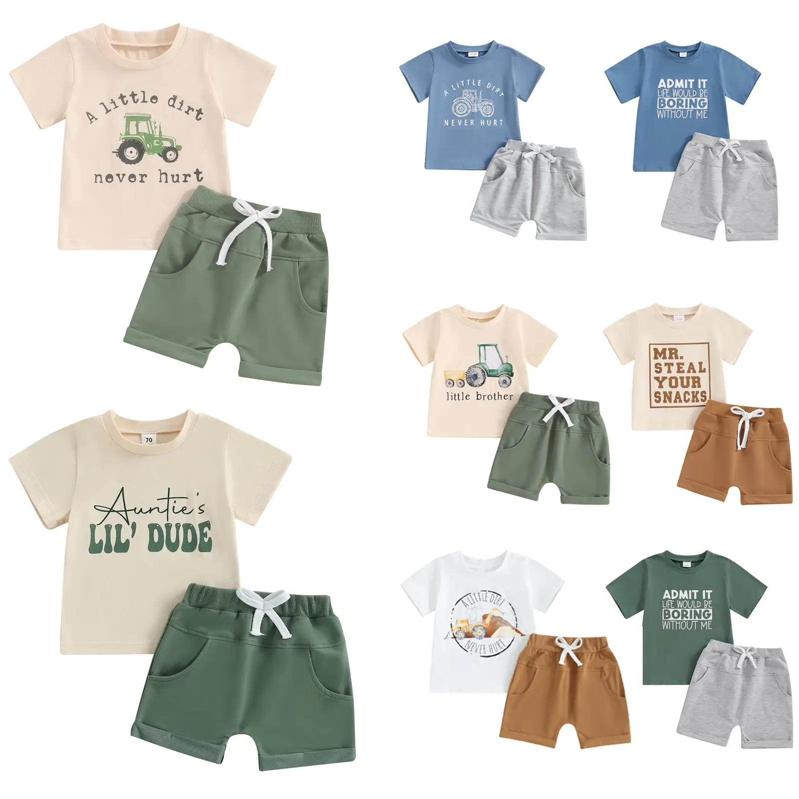 Toddler Baby Boys Summer Outfits Funny Letter A Little Dirt Tractor Print T Shirt Tops Elastic Waist Pockets Shorts Two Piece Set #Springtok