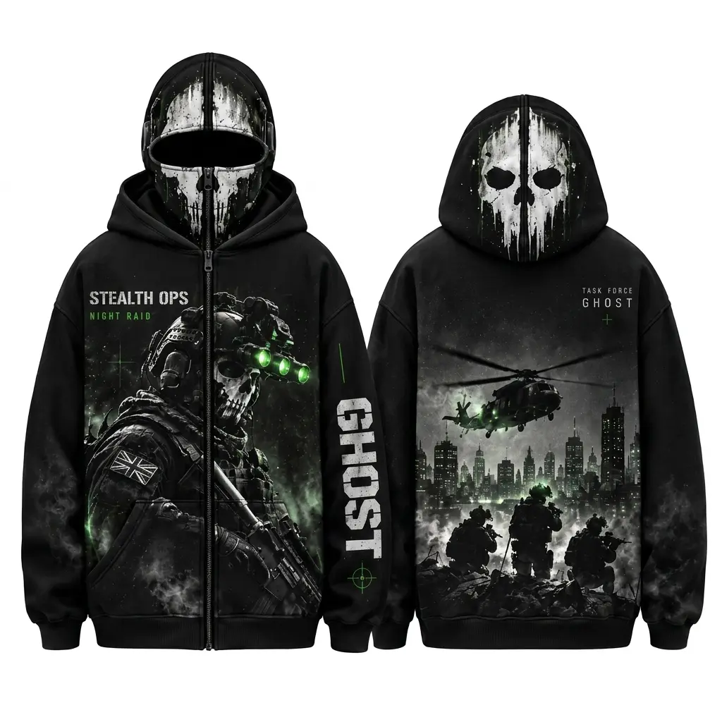 Ghost Skull Mask Balaclava Hoodie, Military Stealth Ops Full Zip Built In Mask Jacket, Tactical Soldier Graphic Sweatshirt, Oversized Windproof Warm Fleece Outerwear, Gamer Combat Special Forces Streetwear Gift For Men Women