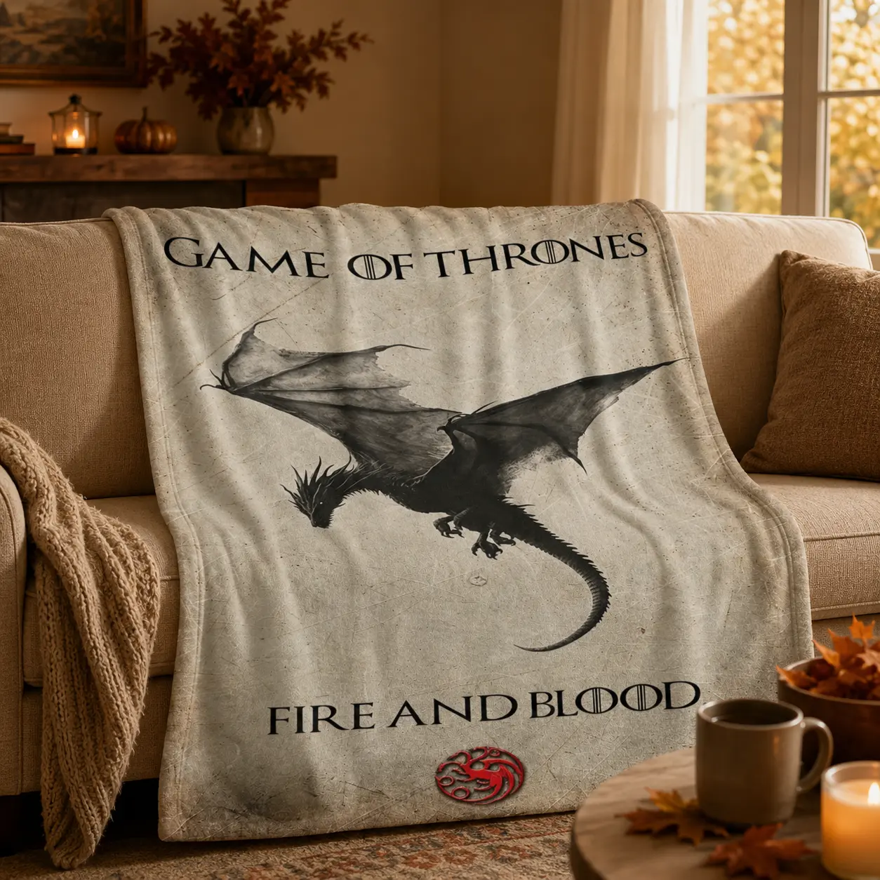Game of Thrones Targaryen Dragon Fire and Blood Vintage Parchment Flannel Throw Blanket, Lightweight Ultra Soft Fuzzy Plush Blanket for Couch Bed Sofa, All Season Cozy, Premium Gift for Fantasy Series Fans, Medieval Dark Vintage Style Man Cave Bedroom