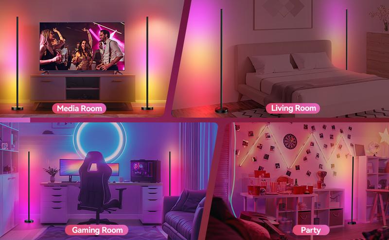echosari Smart RGBICW LED Corner Floor Lamp - 16 Million DIY Colors, 68+ Scenes, Music Sync, App & Remote Control, Color-Changing Ambient Lighting for Living Rooms, Bedrooms, and Gaming Rooms