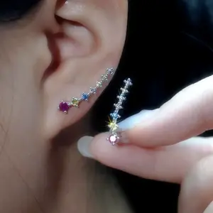 Colorful Wrap Cubic Zirconia Stud Earrings, S925 Sterling Silver, Fashion Studs Crawler Pierced Earrings for Women 7 Crystal CZ