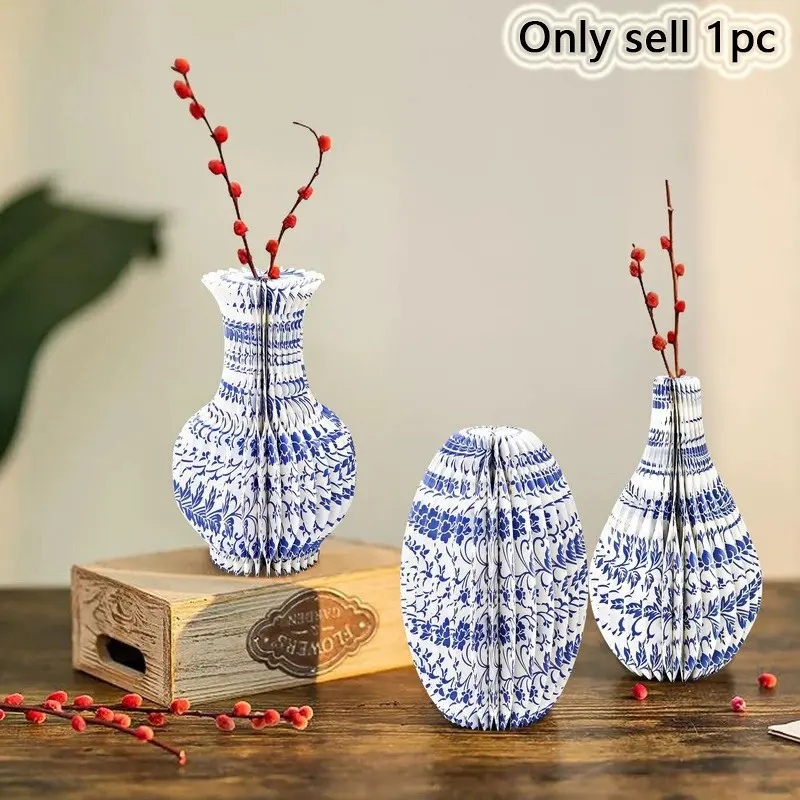1pc Creative Blue and White Porcelain Pattern Honeycomb Paper Vase - Retro High end Flower Utensils - Home Flower Arrangement Decorations and Ornaments