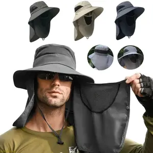 Unisex 2-Pack Outdoor Wide-Brimmed UPF-Rated Bucket Hats with Neck Flap, Detachable Face Mask, Quick-Drying Breathable Mesh, Adjustable Sizing - Ideal for Hiking, Camping
