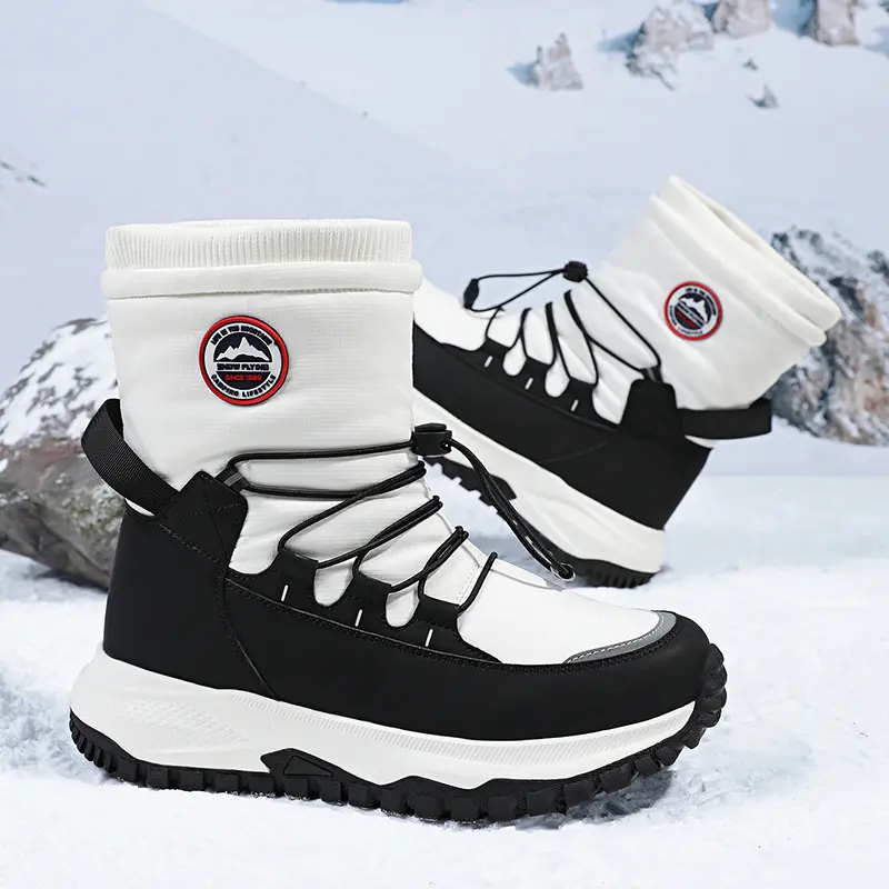 Men's Winter Fleece Lined Tie Down Stretch Warm Snow Boots, Leather Fur One Piece Upper Foldable Outdoor Cotton Shoes, Thick Sole Cold Resistant Windproof Couple Boots