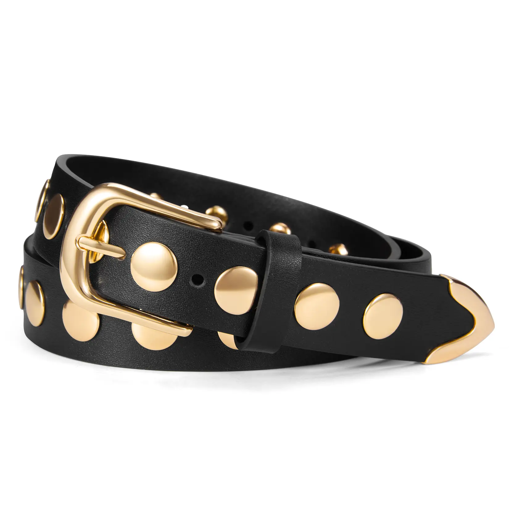 Women's Black Cow Hide Stretch Belt - Casual Style Belts for Women, Punk Fashion Accessory with Bold Punk Detail, Gothic Edge, Hook Closure for Jeans & Casual Waist Wear, Punk Fashion Belt