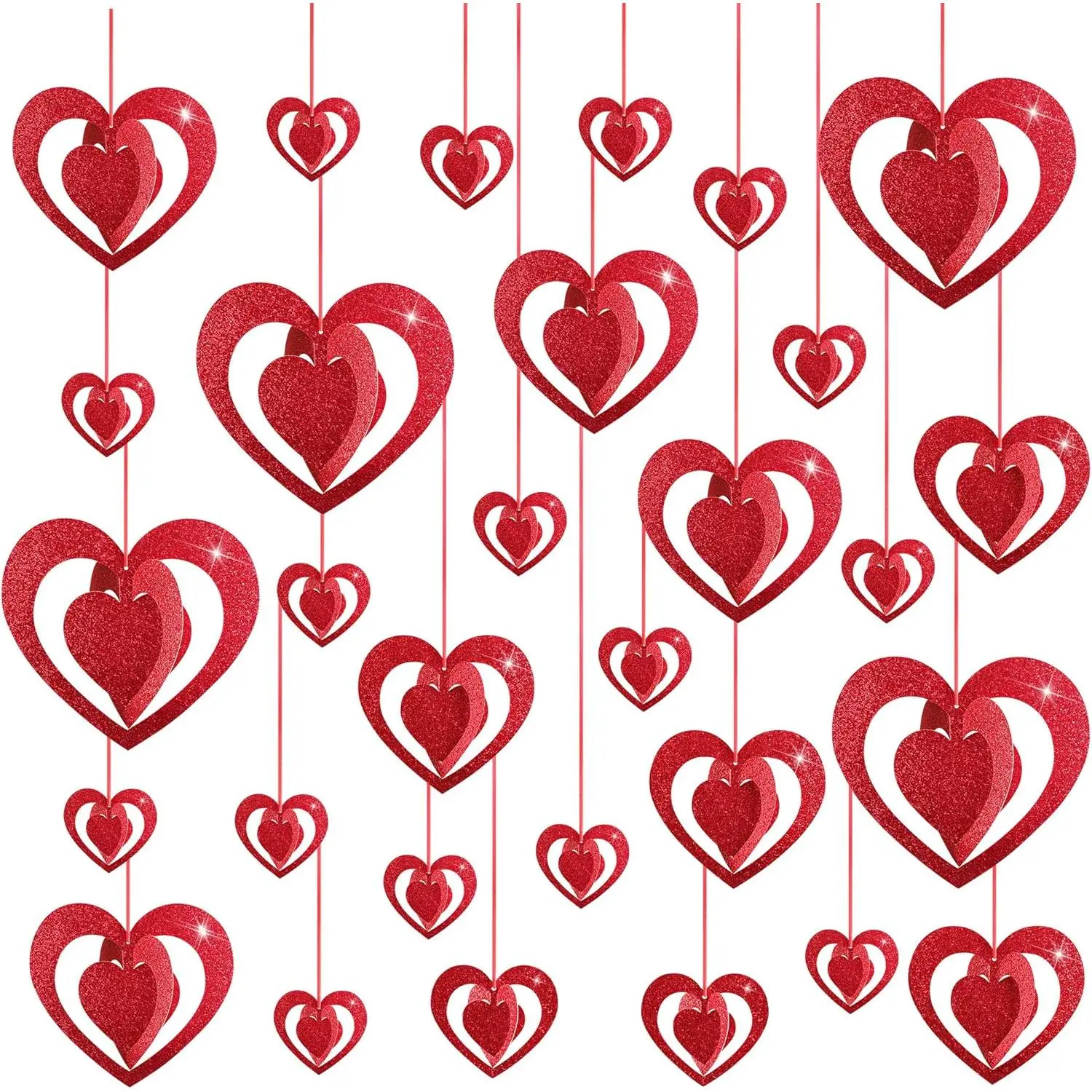 32 Pcs Valentine's Day Hearts Hanging Foil Decoration- Wine Red 3D Glitter Heart Garland Ornament- Swirl Heart Ceiling Ornaments for Valentines, Wedding, Engagement, Anniversary Party Decor
