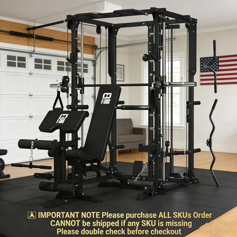 All-in-One Smith Machine Power Cage with Dual Cable Crossover, LAT Pulldown & Weight Stack System,Multifunctional Home Gym Machine with LAT Pulldown Adjustable Workout Equipment