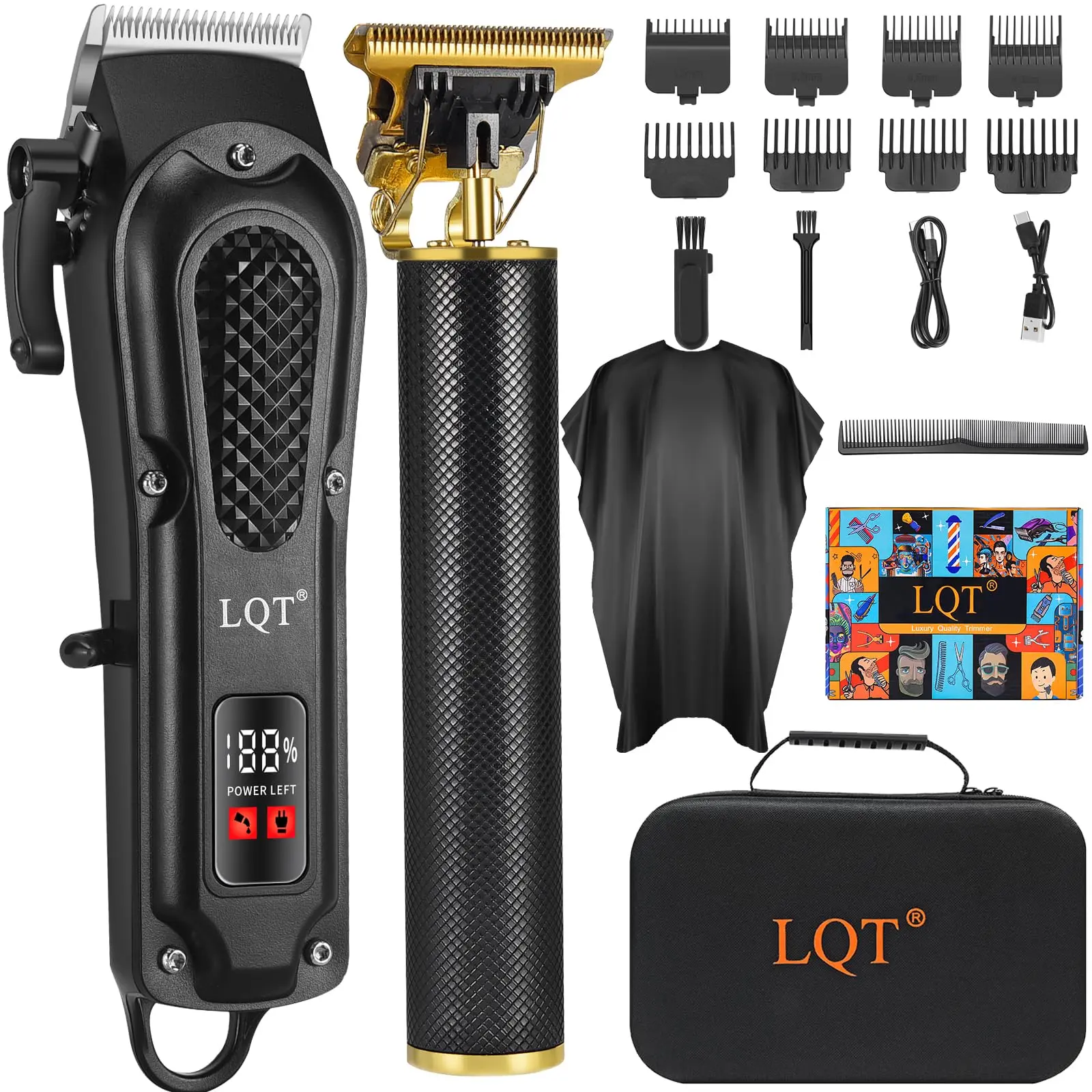 LQT Men's Professional Hair Clippers Kit,T-blade trimmer, Cordless & Cordless Barber Clippers Set, Rechargeable Beard Trimmer with Adjustable Blade, Black