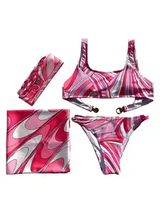 Luxury Women’s Floral Silk Bikini Set – Bohemian Beach Swimwear with Scarf & Headband – Adjustable, Soft & Perfect for Summer Poolside & Beach Fun