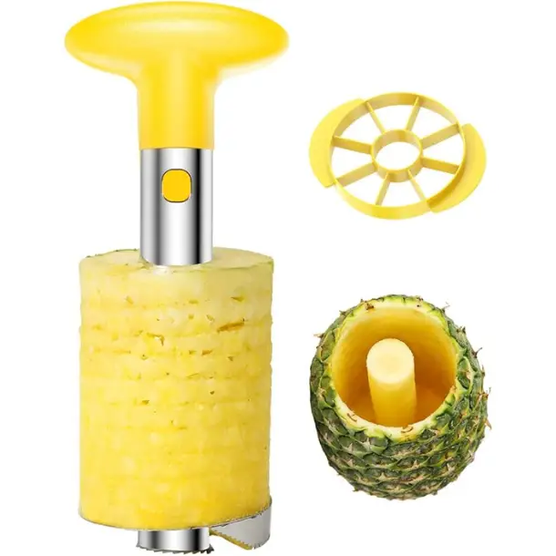 [New Deal] Easy Kitchen Tool Stainless Steel Fruit Pineapple Peeler Corer Slicer Cutter with Yellow Handle and Chrome Body, Ideal for Easy Fruit Prep