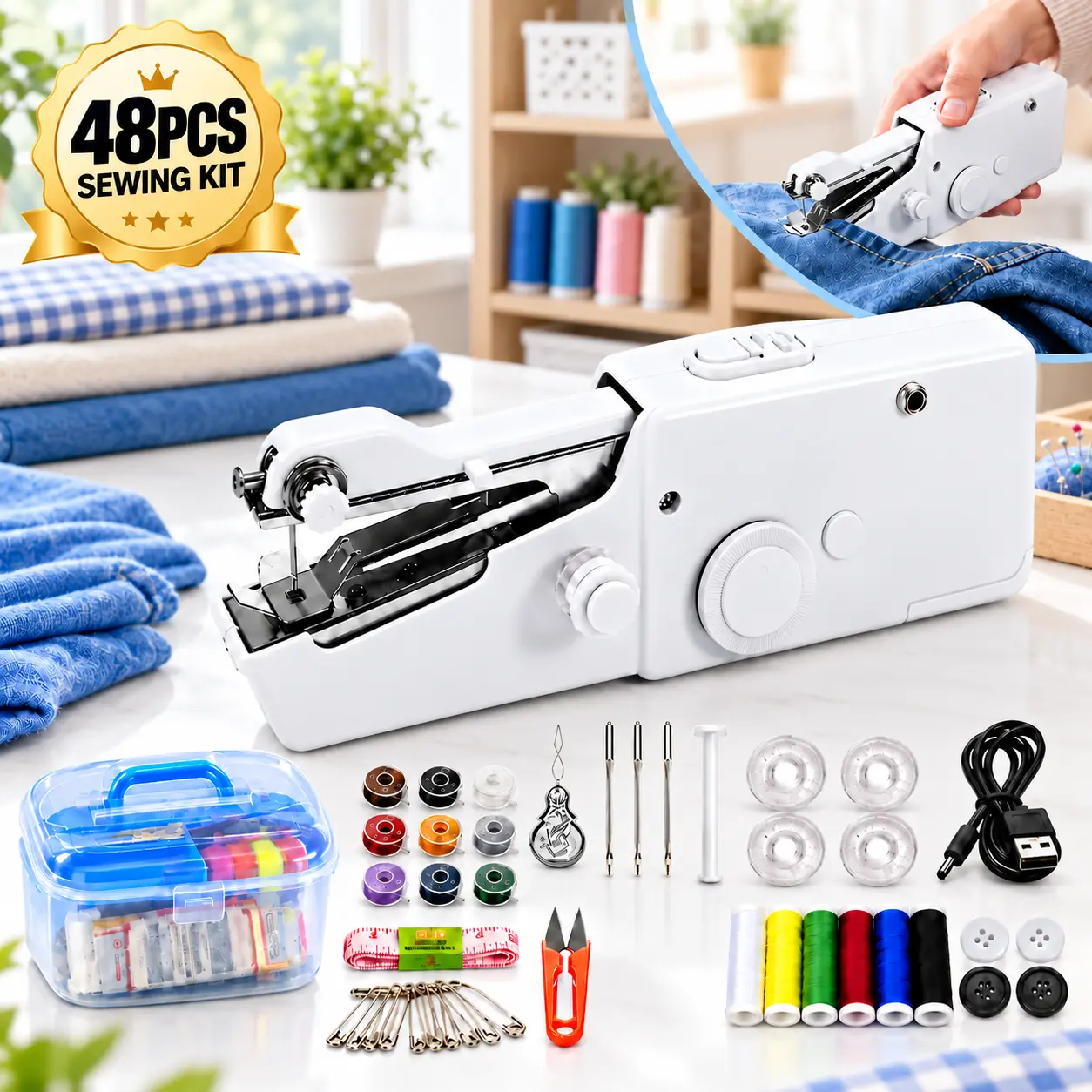 48PCS Portable Sewing Kit USB Battery-Powered Lightweight with Threads Needles & Accessories for Quick Repairs Anywhere