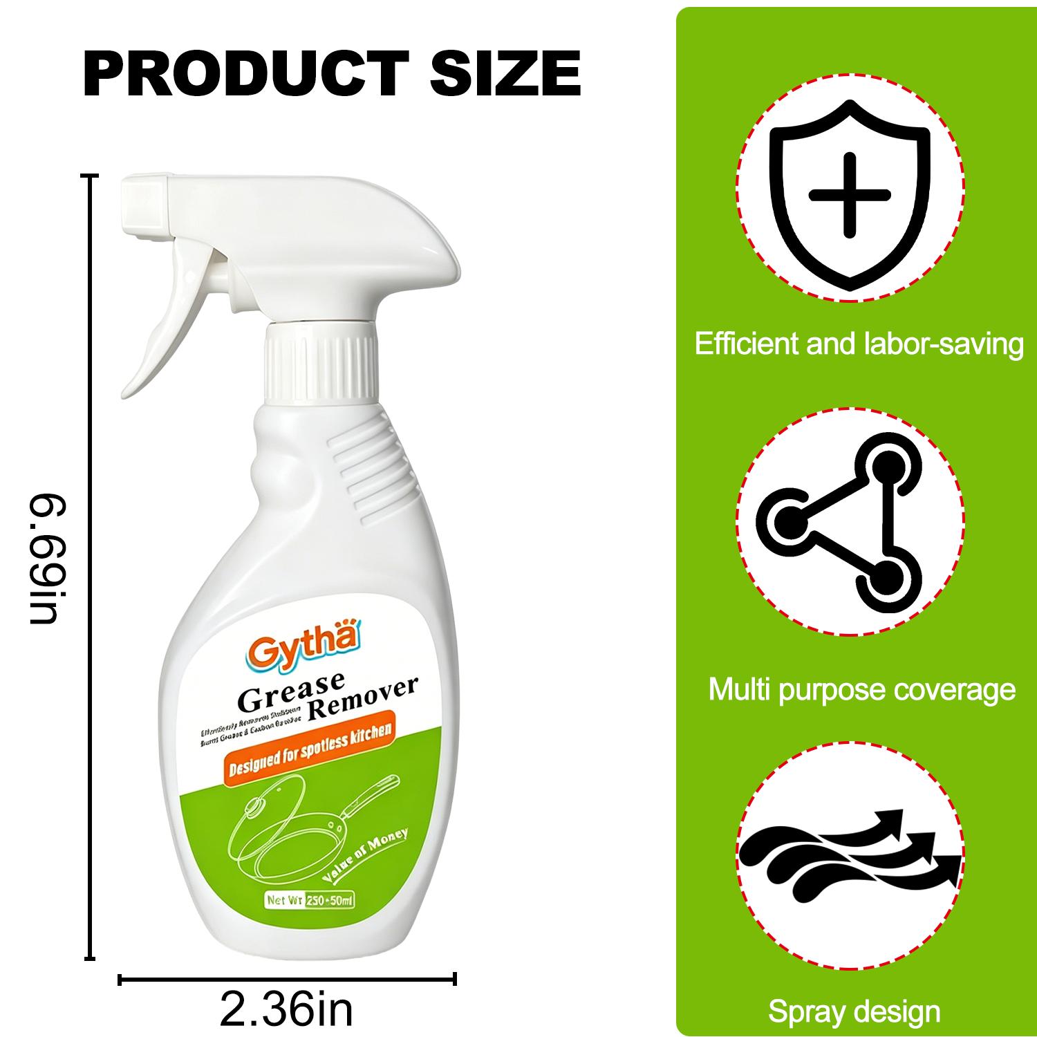 (Two-bottle pack) Kitchen cleaning spray effectively removes kitchen grease and grime. This multi-purpose degreaser is suitable for heavily soiled areas such as countertops, ovens, cookware, and range hoods.