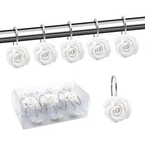 P-BS032   Shower Curtain Hooks, Home Decorative Rustproof Shower Curtain Hooks Resin Rose Flower Shower Hooks Rings for Bathroom Shower Rods Curtains,Set of 12 Hooks (White)
