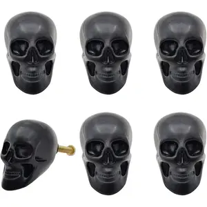 6Pcs Cabinet Handles, Skull Head Cabinet Pulls, Drawer Handles, Black Skeleton Drawer Knobs, Solid Metal Base Furniture Handle, Single Hole Pull for Home Cabinets Dressers Drawers Cupboard, A