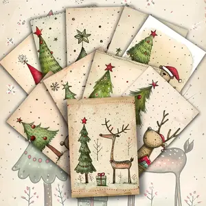 Vintage Christmas Tree Postcards Set, Cute Animal Designs, Perfect for Scrapbooking & Crafts, Collectible Holiday Decorations