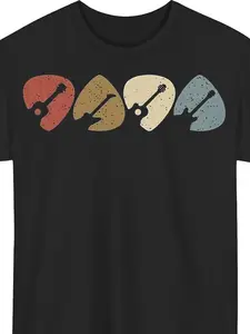 Cotton Men's Black Music Note & Guitar Pick Print T-Shirt - Vintage Tee Suitable for Musicians, Concerts, Parties - Breathable Short Sleeve Casual Shirt with Music Lover, Machine Washable Digital Print (Year-Round Wear)
