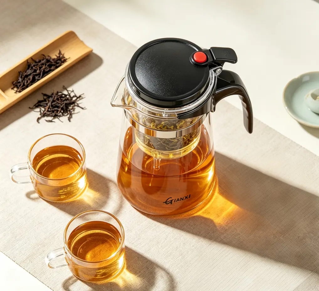 750ML Glass Tea Infuser with Black Lid and Red Button - Ideal for Brewing and Serving Tea - Perfect for Home Use