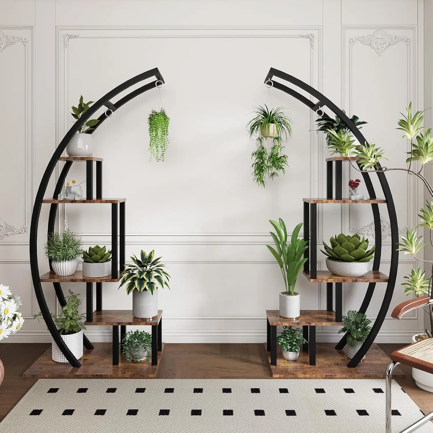 5 Tier Large Plant Stand Indoor, Half Moon Plant Shelf Ladder Flower Pot Stand Rack, Multi-Purpose Curved Flower Display Holder with Hanging for Home Patio Lawn Garden Balcony, Brown