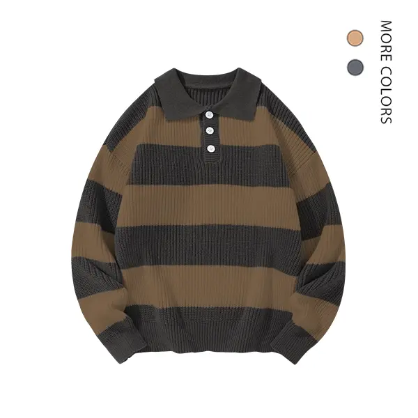 Men's Polo Sweaters, Basic Style Long Sleeve Pullover Tops with Striped Patchwork and Contrast Collar, Knitwear, Stylish, Longsleeves, Regular Fit, Collared, Cozy Fashion, Classic Knitwear, Colorful Stripe Pattern Men's Pullover