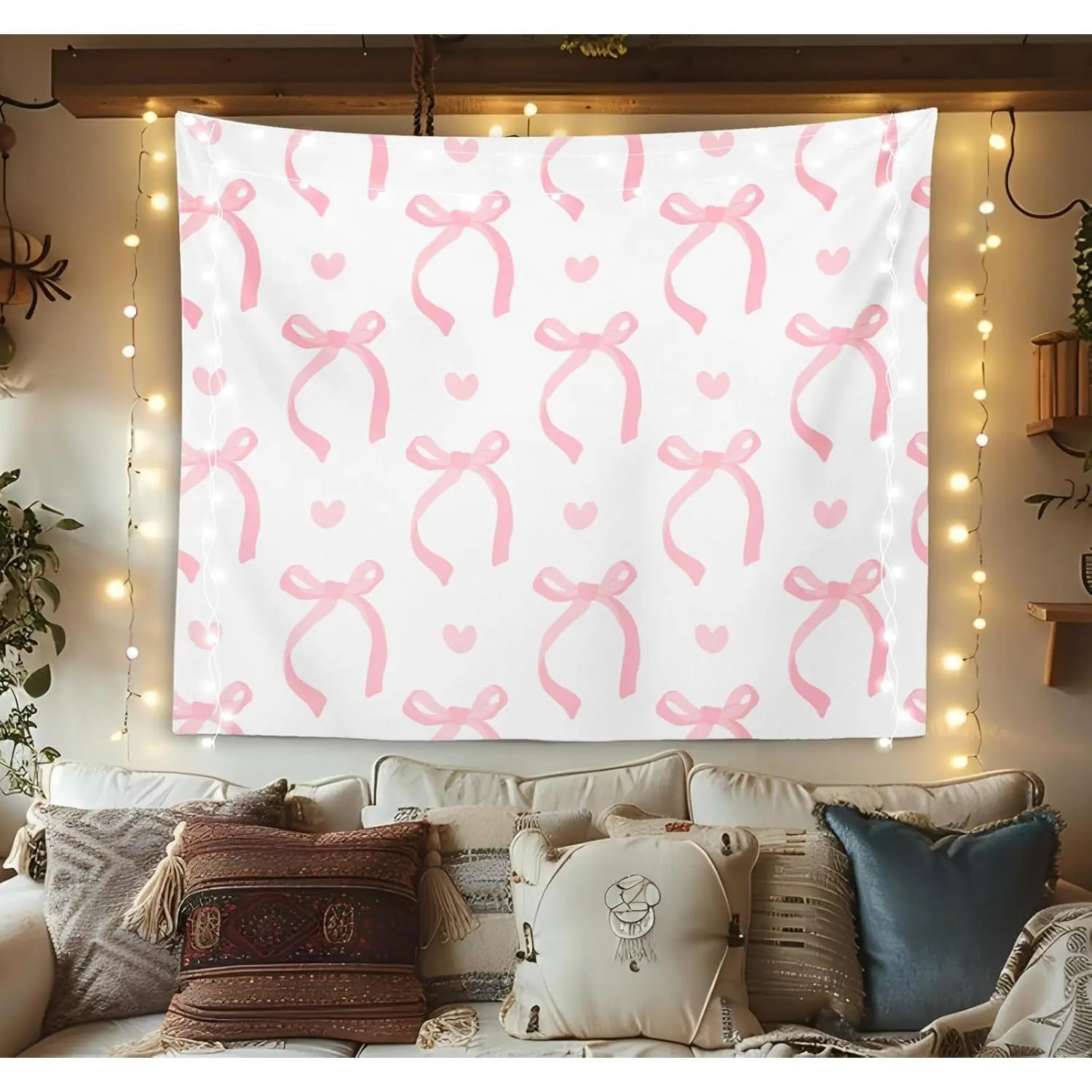 Coquette Bow Fabric Tapestry - Rectangular 50x60 in Indoor Wall Hanging, Preppy Girly Pink Bedroom Decor for College Students, Bow Home Accent